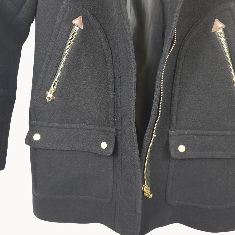 J.Crew Womens 2 Italian Wool Hooded Tailored Coat Black Lined Gold Accents Warm - Picture 5 of 15